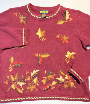 Vtg Candor Fall Floral Thanksgiving Sweater Embroidered Cottagecore Pullover